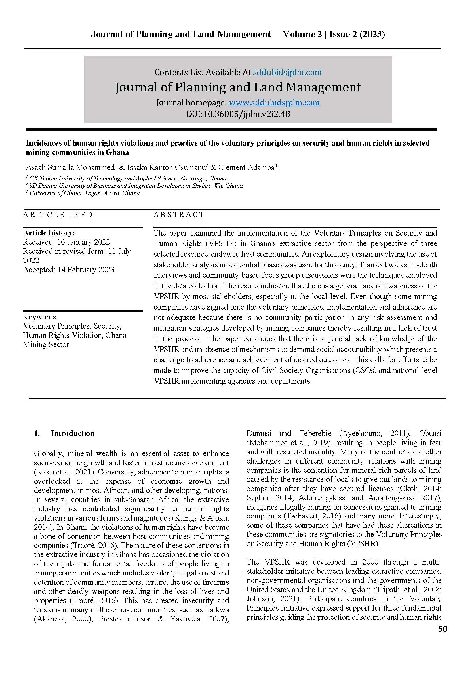 Incidences of human rights violations and practice of the voluntary principles on security and human rights in selected mining communities in Ghana 